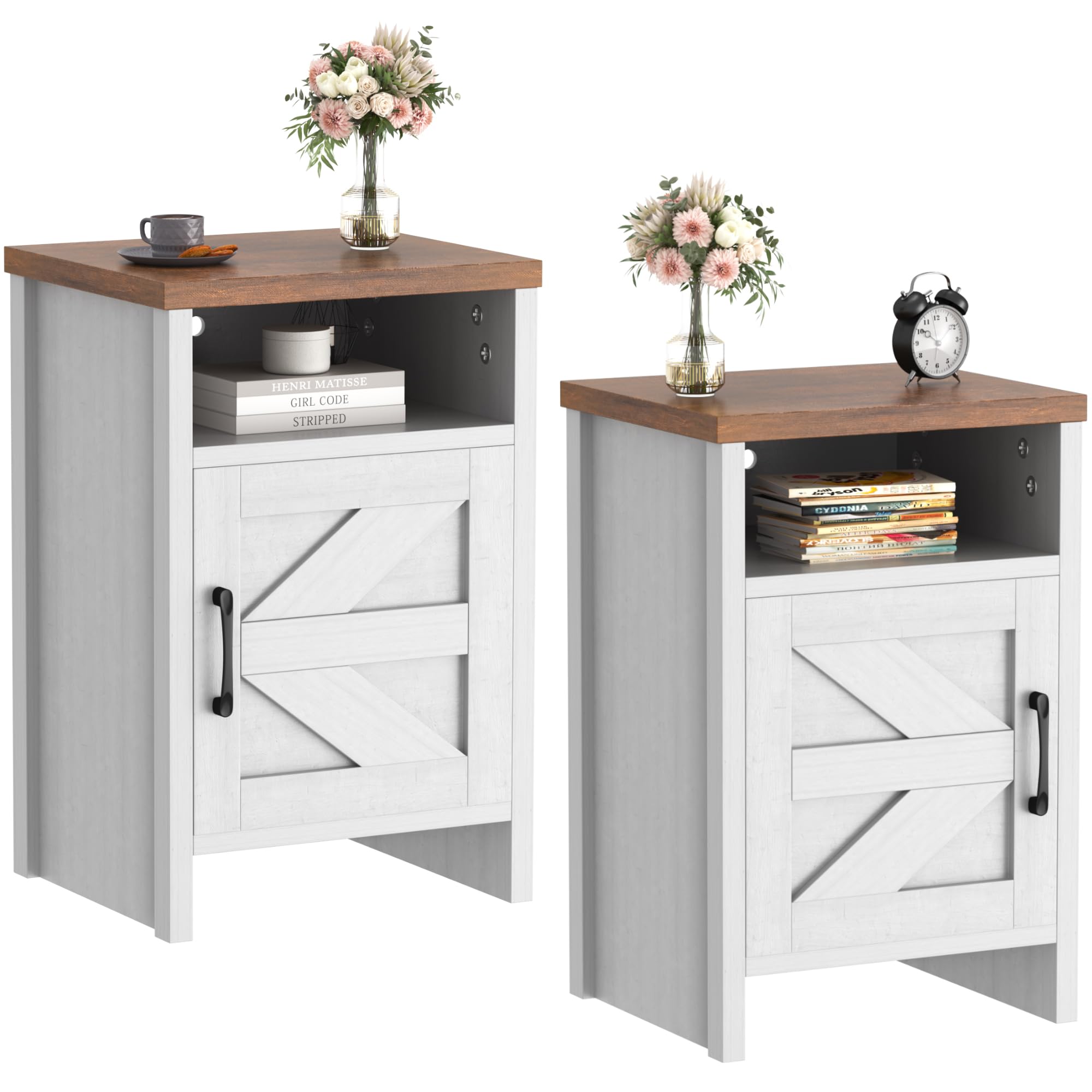 Jummico Farmhouse Nightstand, Modern Bedside Table With Barn Door And Shelf, Rustic End Table Side Table For Bedroom, Living Room (2, White)