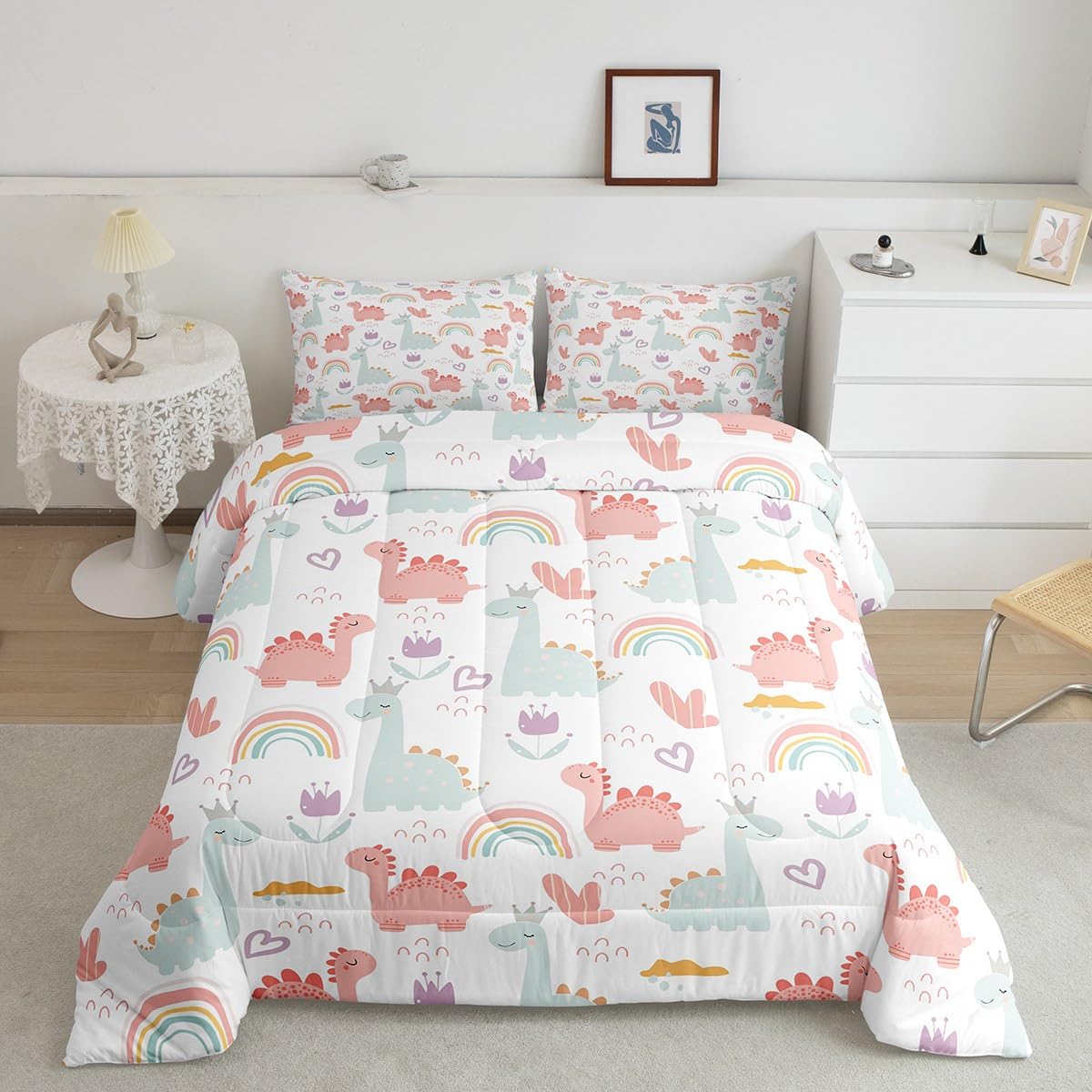 Feelyou Cartoon Dino Comforter Set Toddler, Pink Green Dinosaur Comforter Cute Jungle Dino Comforter Set For Kids Boys Girls Cut