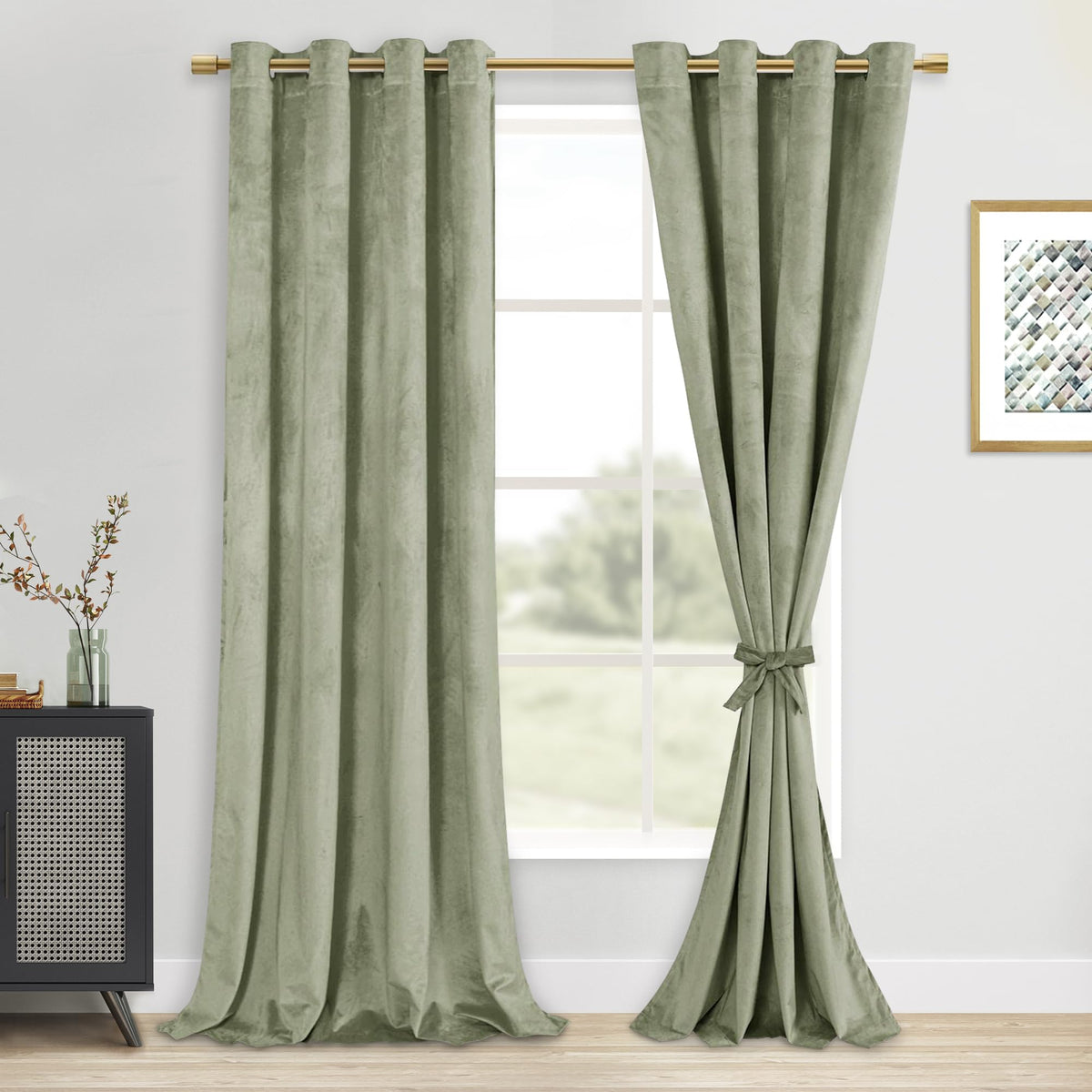 Dwcn Light Sage Velvet Curtains 120 Inches Long - Room Darkening Privacy Protect Window Drapes Thick Grommet Tieable Curtains &
