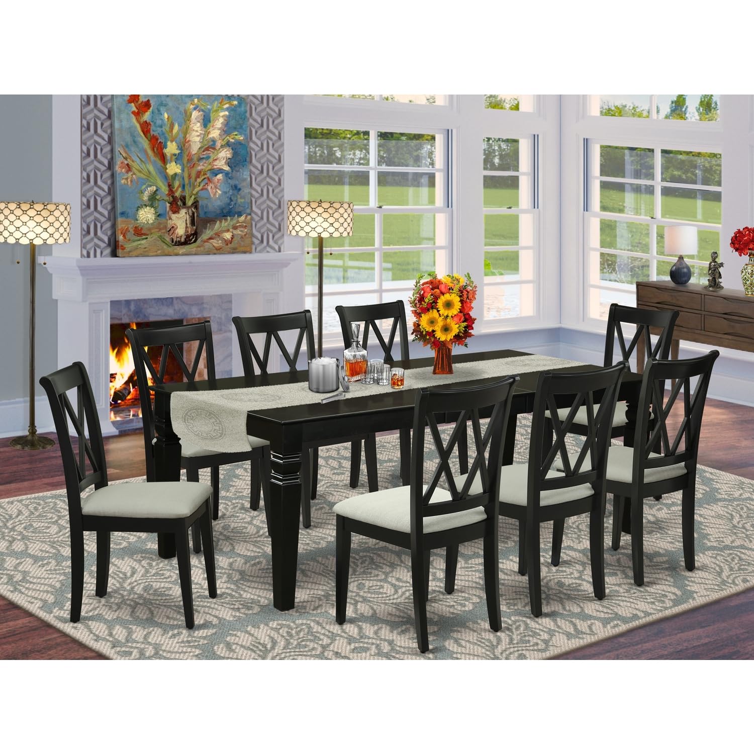East West Furniture Lgcl9-Blk-C 9 Piece Dining Room Table Set Includes A Rectangle Kitchen Table With Butterfly Leaf And 8 Linen Fabric Upholstered Dining Chairs, 42X84 Inch, Black