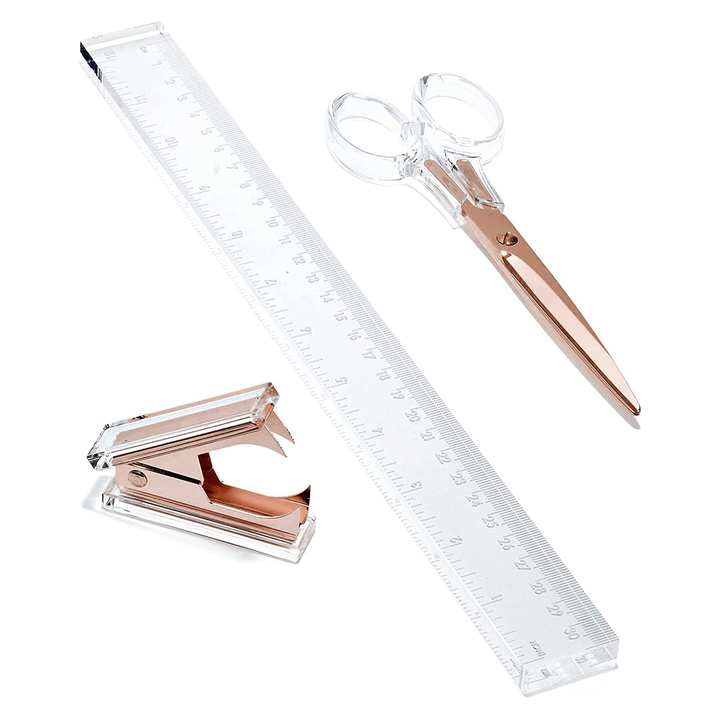 Officegoods 3 Piece Acrylic Desk Set - Includes Ruler, Staple Remover, Scissors - Functional & Elegant Desk Accessories - Statio