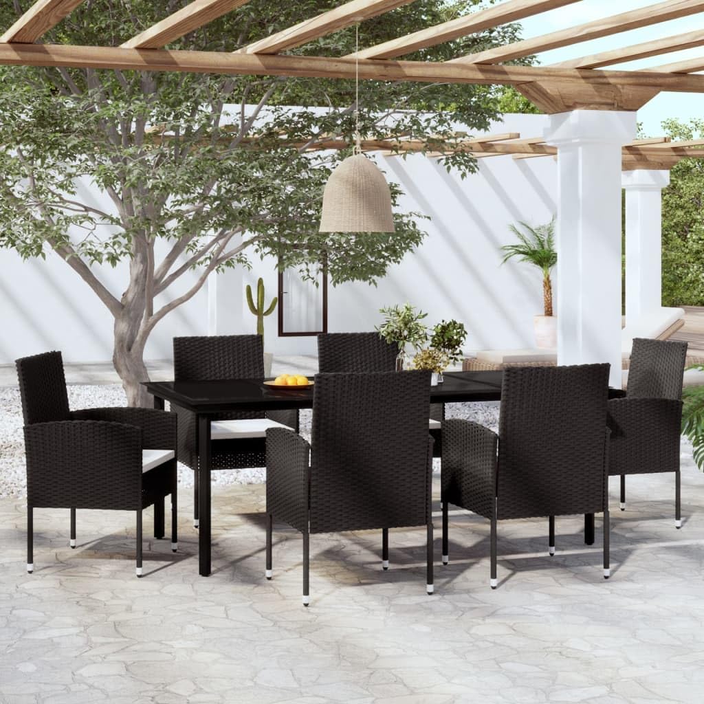 vidaXL Patio Dining Set 7 Piece-Black Poly Rattan/Steel Frame/Glass Tabletop/Removable Cushions-Outdoor/Garden