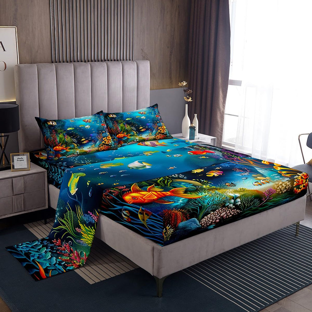 Kids Sheet Set Queen Cartoon Ocean Fish Bed Sheets Ocean Marine Theme Bedding Set For Boys Girls Soft And Cozy Sea Underwater World Sheets Set With Sealife Deep Pocket Fitted Sheet,Vibrant