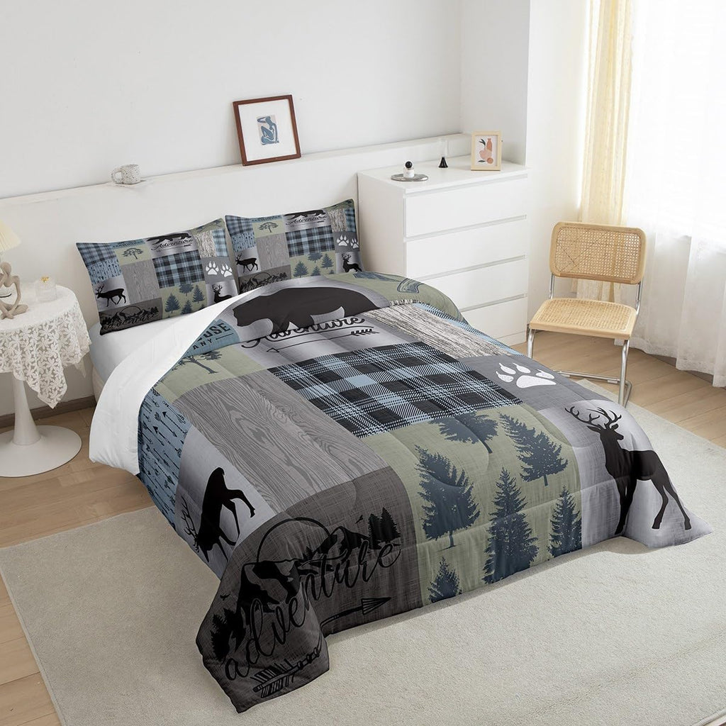Hunting Deer Bear Comforter Sets Queen Size,Rustic Farmhouse Bedding 3Pcs Kids Teens Men Cabin Home Decor Decor,Grey Plaid Patchwork Print Quilt Set Wild Animals Plants Duvet Insert,2 Pillowcases