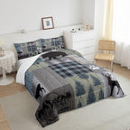 Hunting Deer Bear Comforter Sets Queen Size,Rustic Farmhouse Bedding 3Pcs Kids Teens Men Cabin Home Decor Decor,Grey Plaid Patchwork Print Quilt Set Wild Animals Plants Duvet Insert,2 Pillowcases