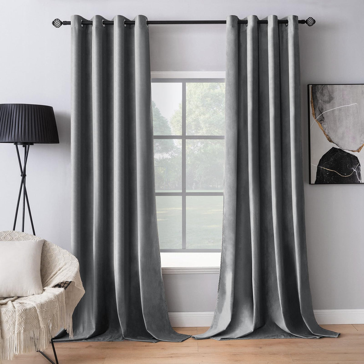 Miulee 2 Panels Blackout Velvet Curtains Solid Soft Grommet Grey Curtains Black Out Thermal Insulated Soundproof Room Darkening