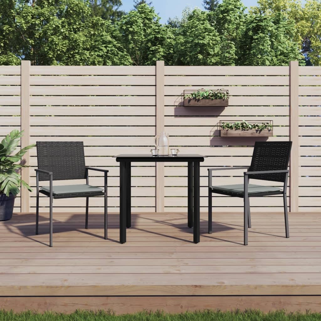 vidaXL 3 Piece Patio Dining Set - Poly Rattan and Steel Frame - Weather Resistant, Black Rattan Chairs and Black Glass Tabletop with Light Gray Cushions