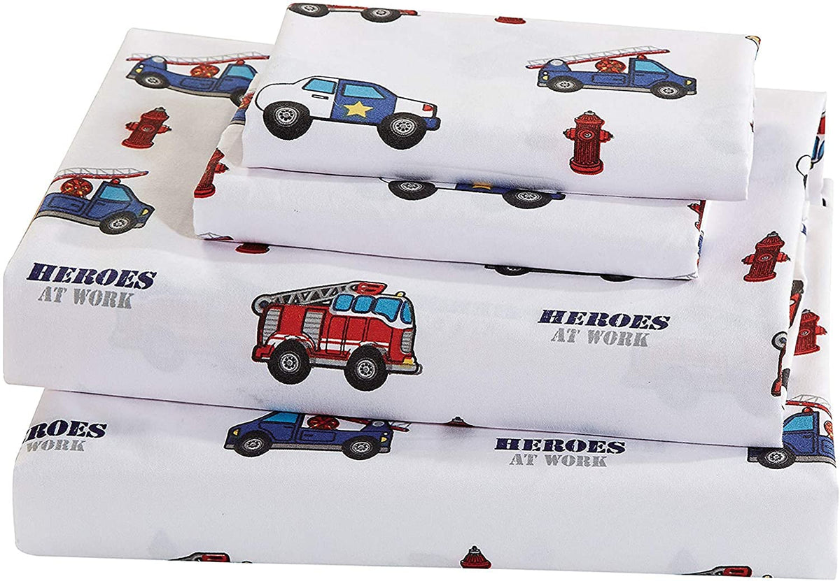 Fancy Linen Boys Sheet Set Police Car Fire Truck Ambulance Heroes Blue Red Green Grey White New # Heroes (Queen Sheet)