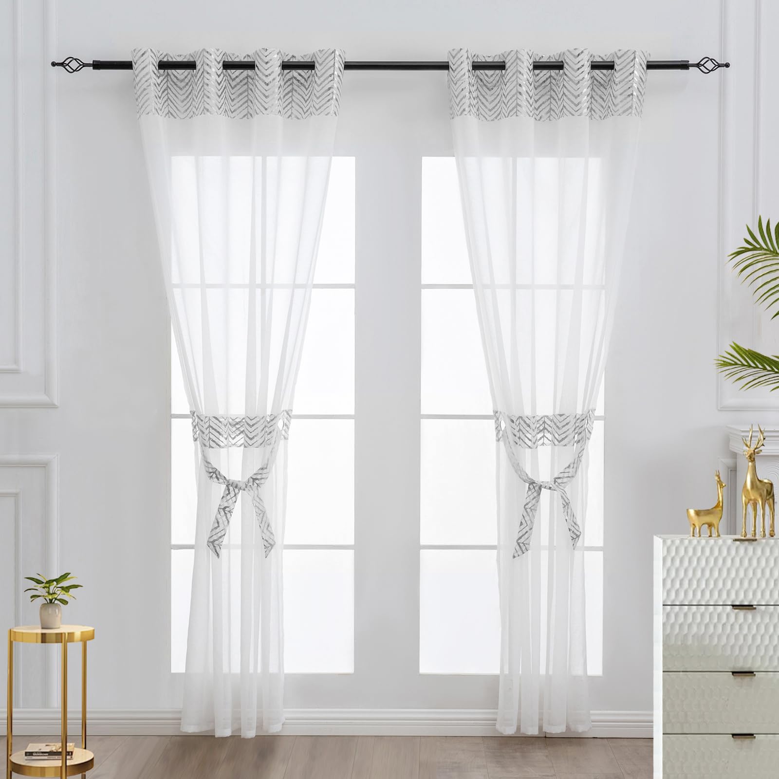 L.Z.E White Sheer Curtains 63 Inch Length 2 Panels For Living Room Window Curtains For Bedroom Silver Foil Printed Linen Texture