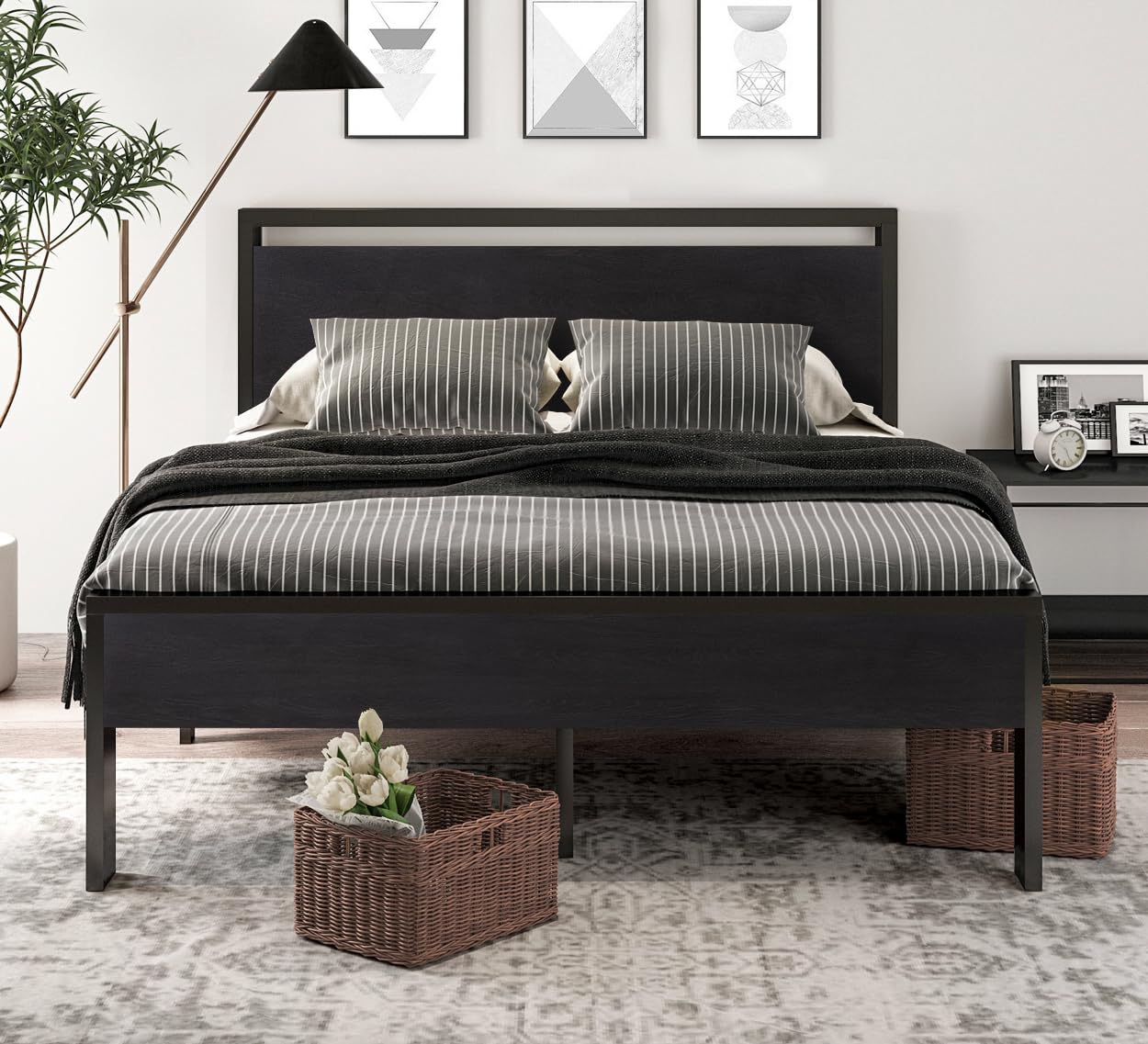 Sha Cerlin 14 Inch Full Size Metal Platform Bed Frame With Wooden Headboard And Footboard, Mattress Foundation, No Box Spring Needed, Large Under Bed Storage, Non-Slip Without Noise, Black Oak