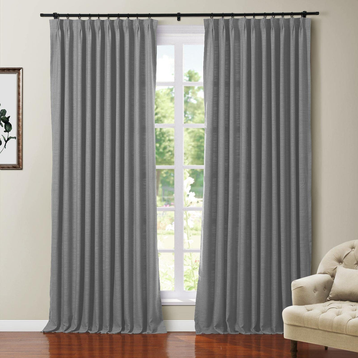 Twopages Polyester Linen Heavy Weight Blackout Curtain With Pinch Pleat And Back Tab Top Window Treatment Panel For Bedroom Gray