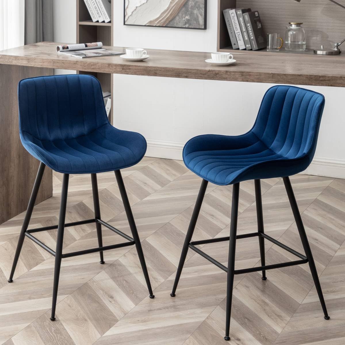 Whiterye Bar Stools Set of 2 - Luxury Bar Stools Counter Height Bar Stools 24 Inch Seat Height Upholstered Velvet Barstools Blue