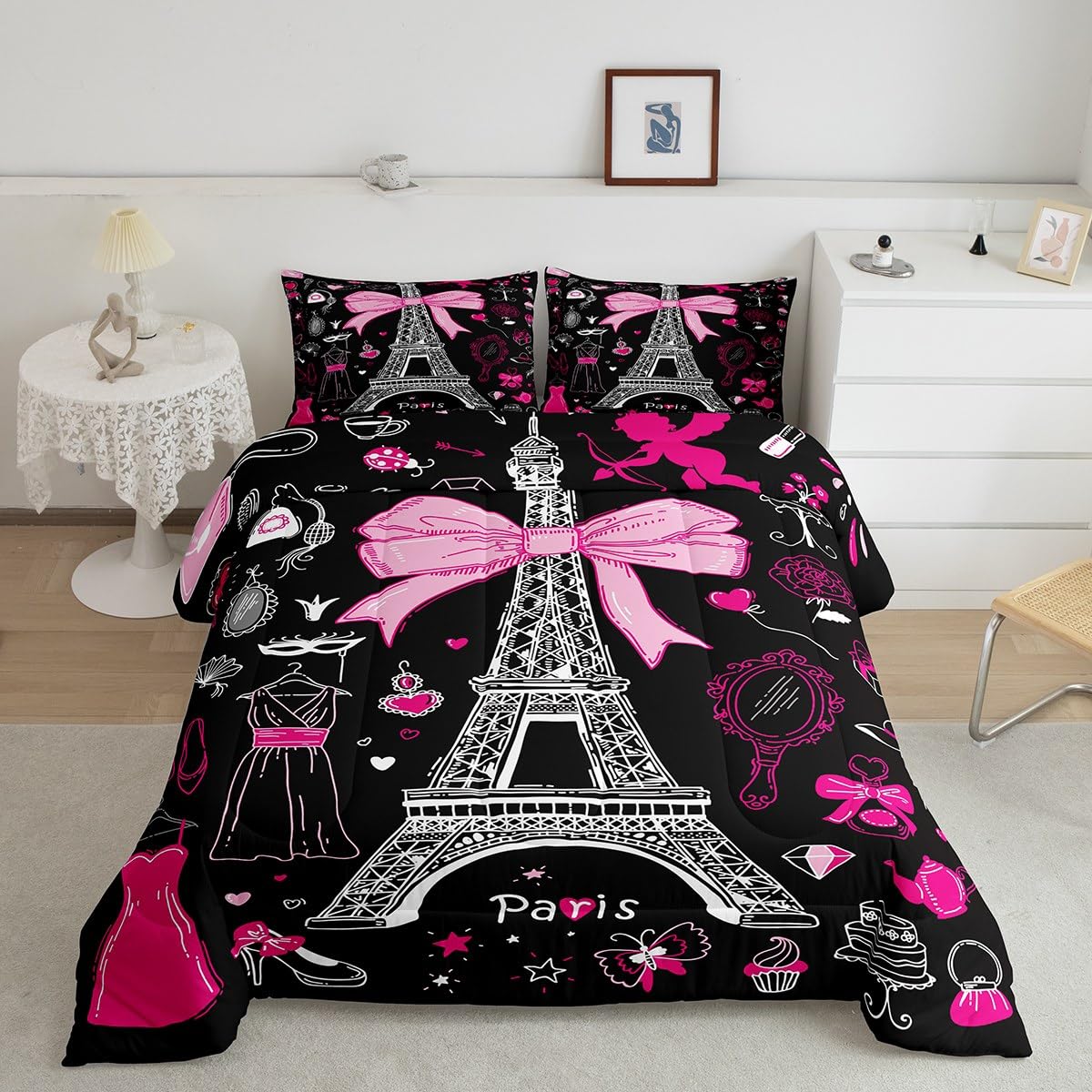 Eiffel Tower Bedding Heart Decor,City Building Of Paris Comforter Set,French Style Romantic France Down Comforter Twin,Make Up T