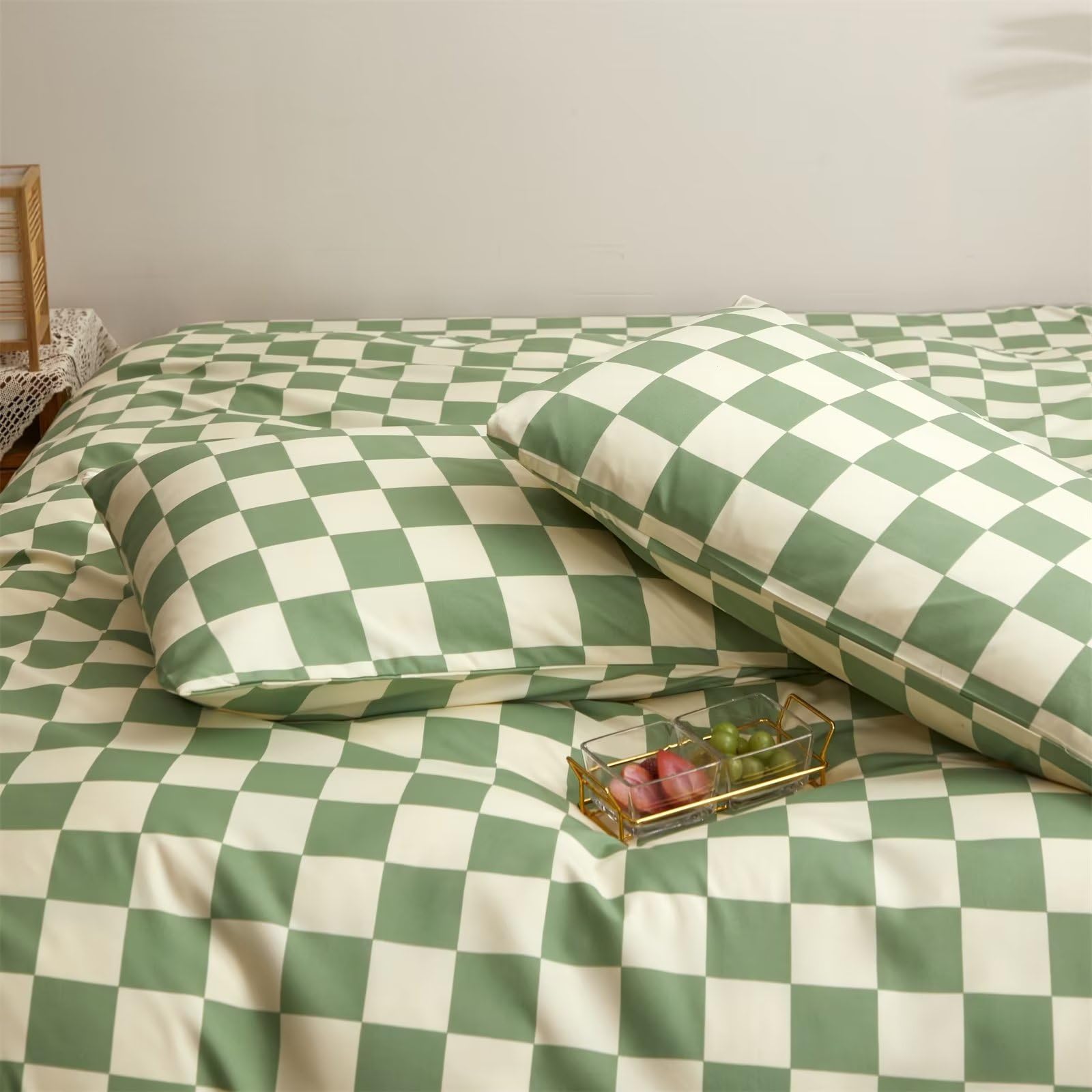 Houseri Green And White Plaid Comforter Set California King Sage Green Buffalo Checkered Bedding Comforter Sets Cal King Light G