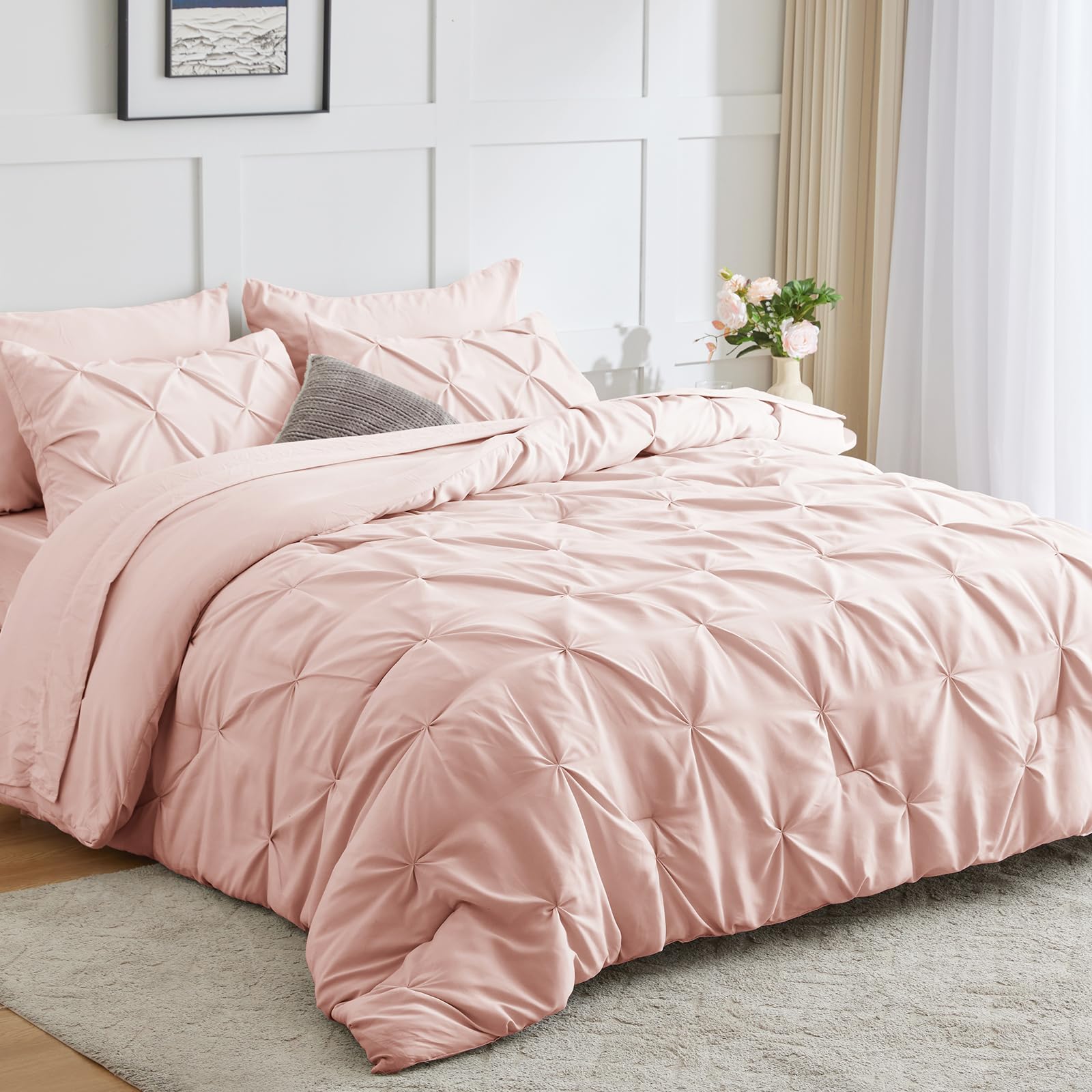 Cozylux Queen Comforter Set - 7 Pieces Bed In A Bag Blush Pink, Pintuck Comforters Pinch Pleat Bedding Sets With All Season Comf