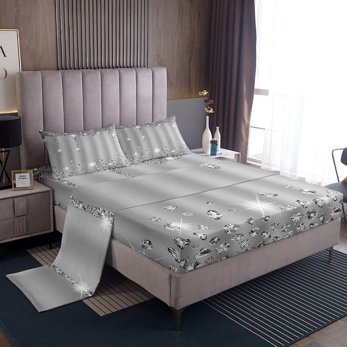 Feelyou Silver Glitter Print (No Glitter) Bedding Sheet Bling Party Decorations Grey Bedding Set For Girls Diamond And Jewelry B