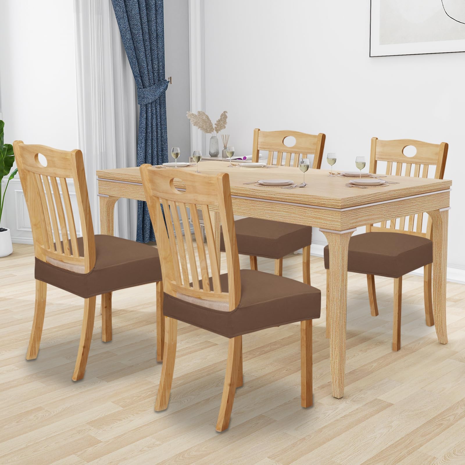 Easy-Going 100% Waterproof Seat Covers For Dining Room Chairs Set Of 4, Stretch Chair Seat Slipcovers Protector Removable And Washable Kitchen Dining Chair Covers, Brown