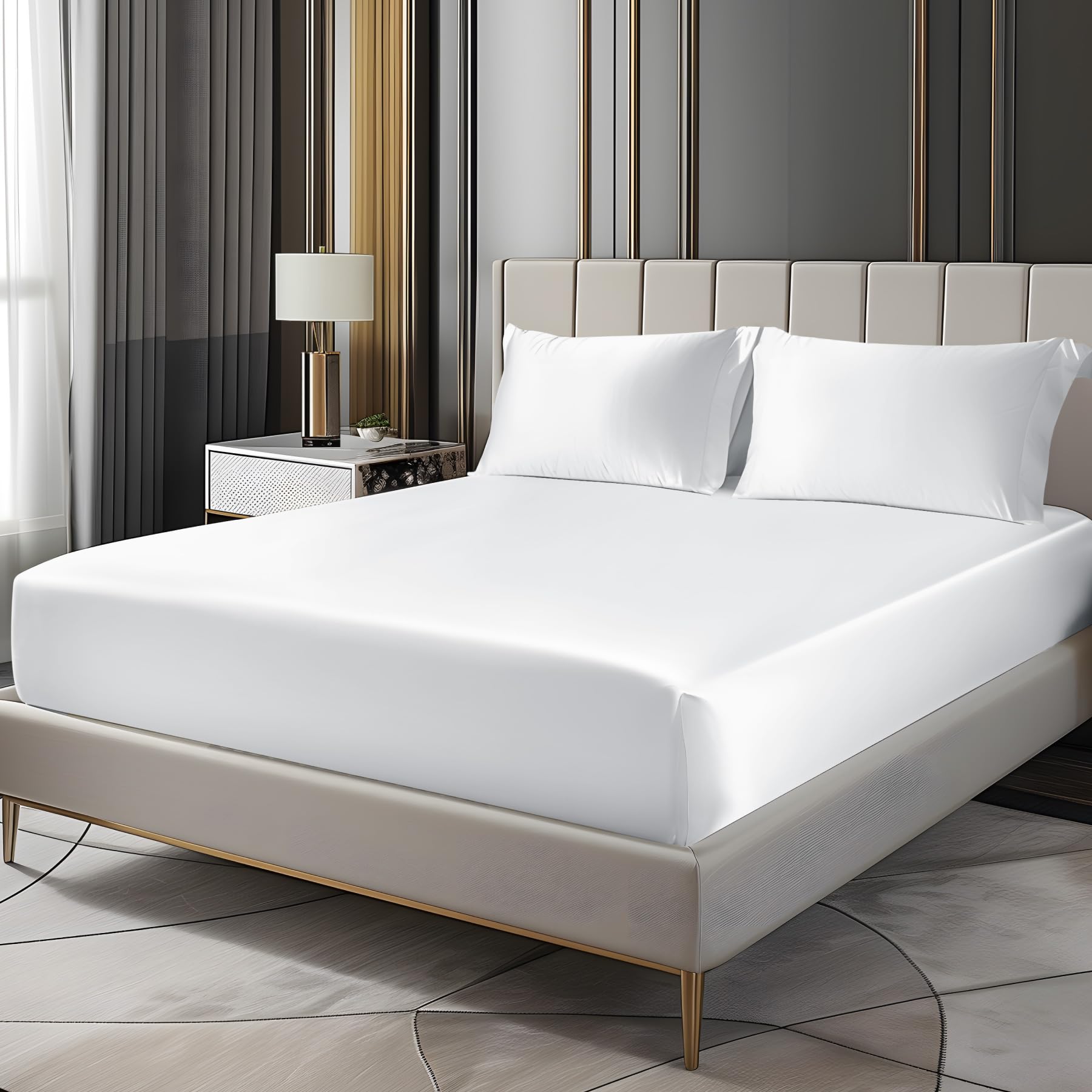 Bedelite Satin Fitted Sheet And Pillowcases Set, Luxury Soft Similar To Silk Bottom Bed Sheet With Elastic Corner Straps, Deep P