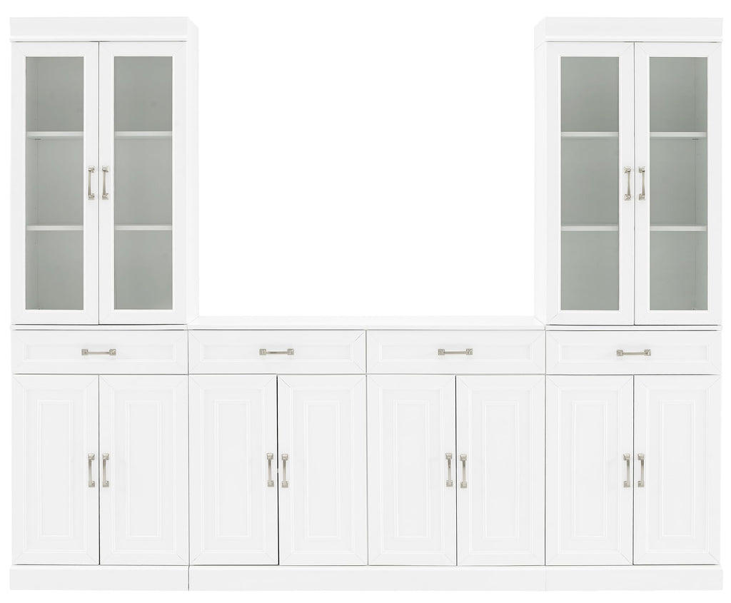 Crosley Furniture Stanton 3-Piece Sideboard Buffet Cabinet and Glass Door Kitchen Storage Pantry Set, White