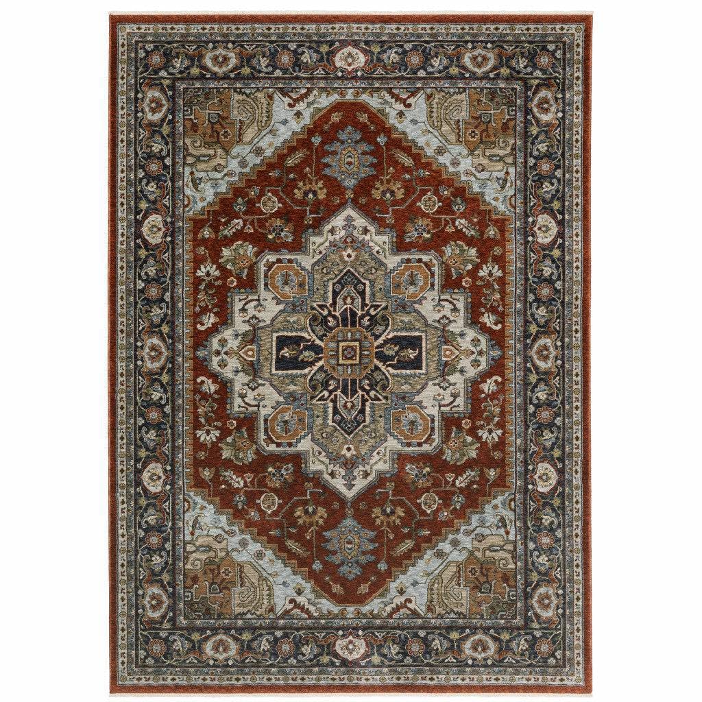 HomeRoots 508070 6 x 9 ft. Blue Beige Gray Gold Green & Rust Red Oriental Power Loom Stain Resistant Rectangle Area Rug with Fringe