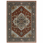 HomeRoots 508070 6 x 9 ft. Blue Beige Gray Gold Green & Rust Red Oriental Power Loom Stain Resistant Rectangle Area Rug with Fringe