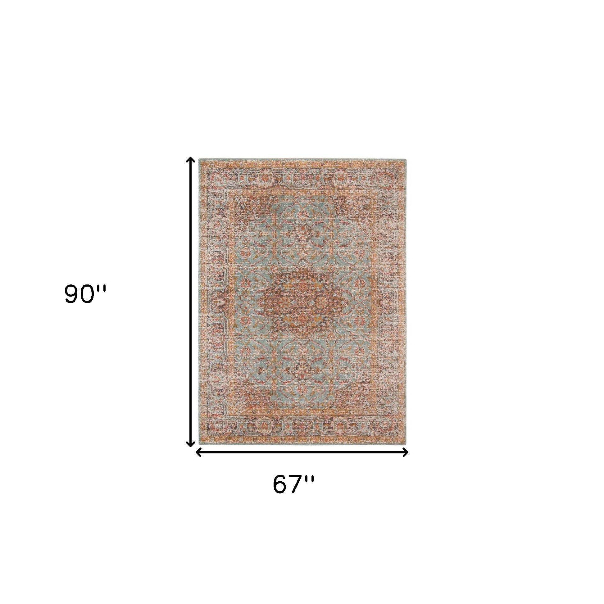 HomeRoots 532133 9 x 12 ft. Sea Green Medallion Traditional Power Loomed Rectangle Area Rug with Fringe