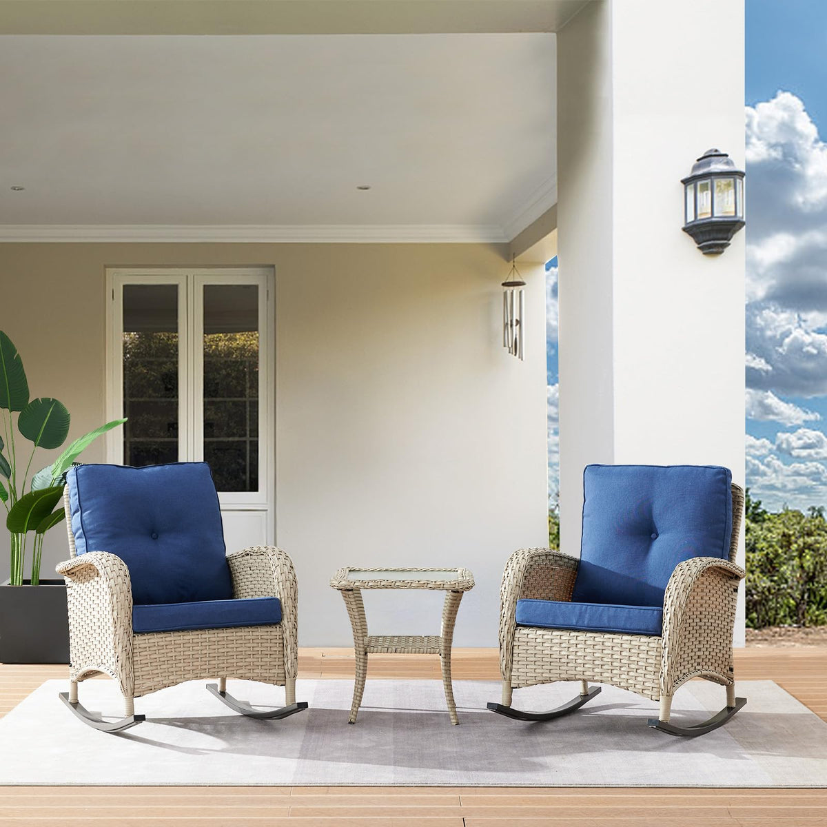 Hummuh Patio Wicker Rocking Chairs Set Of 2 Rattan Outdoor Rocking Chairs For Front Porch Garden Backyard Lawn Balcony Weather Rocker Chair With Side Table