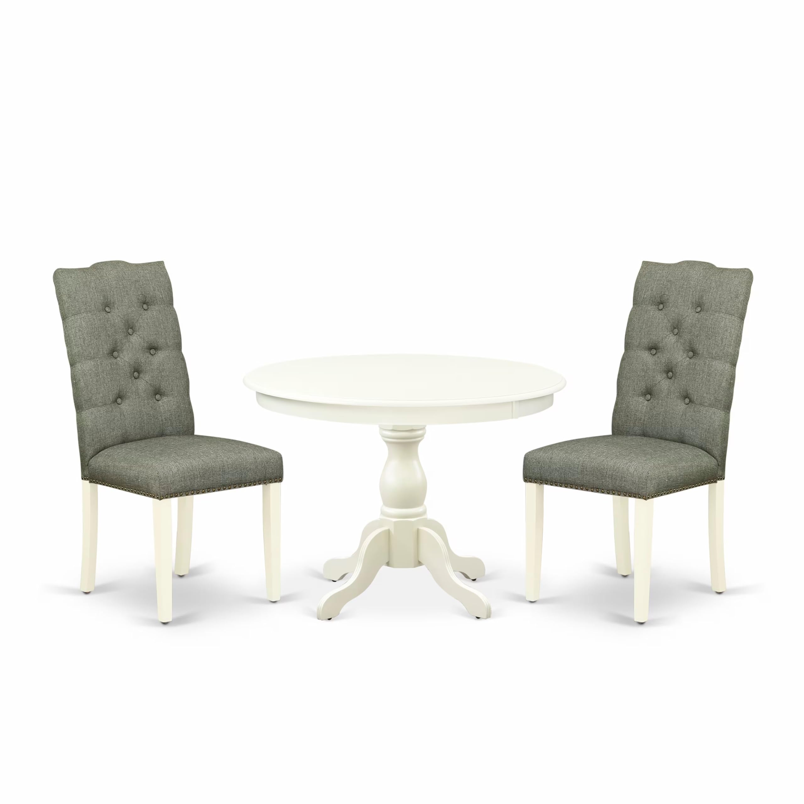 East West Furniture HBEL3-LWH-07 3 Piece Modern Dining Table Set Contains a Round Wooden Table with Pedestal and 2 Gray Linen Fabric Upholstered Parson Chairs, 42x42 Inch, Linen White