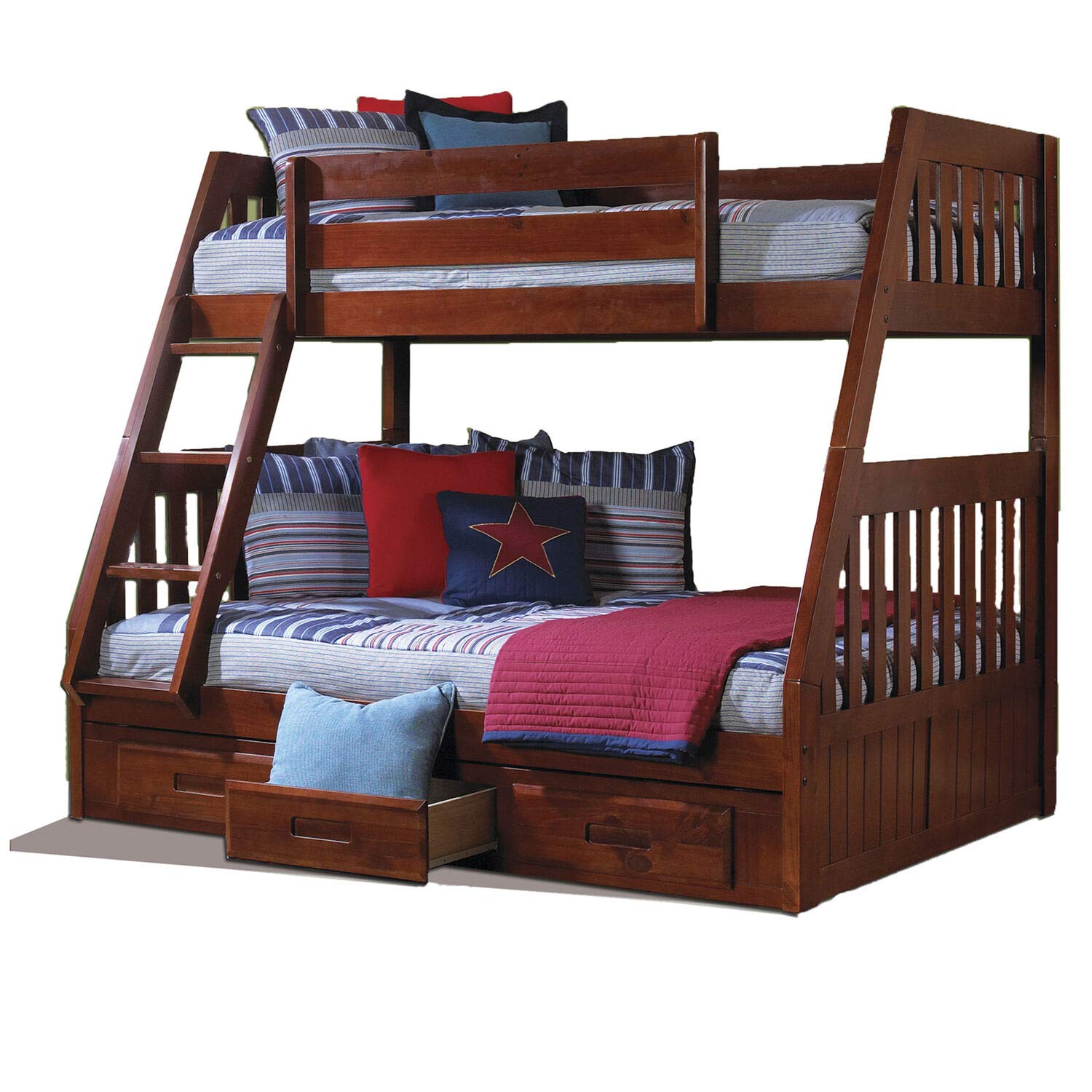 American Furniture Classics Model 2818-Tfm, Solid Pine Mission Twin Over Full Bed With Three Drawers In Merlot. Bunk