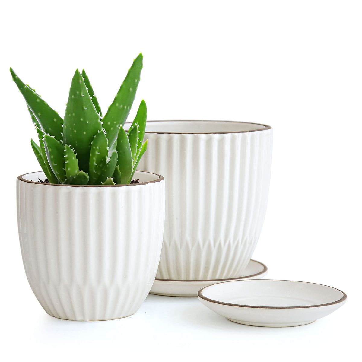 Set Of 2 Stoneware Planter Pots, Ceramic Pot With Drainage Hole And Saucers, 4.5 Inch 5.8 Inch, Ivory, 99-D-Mw