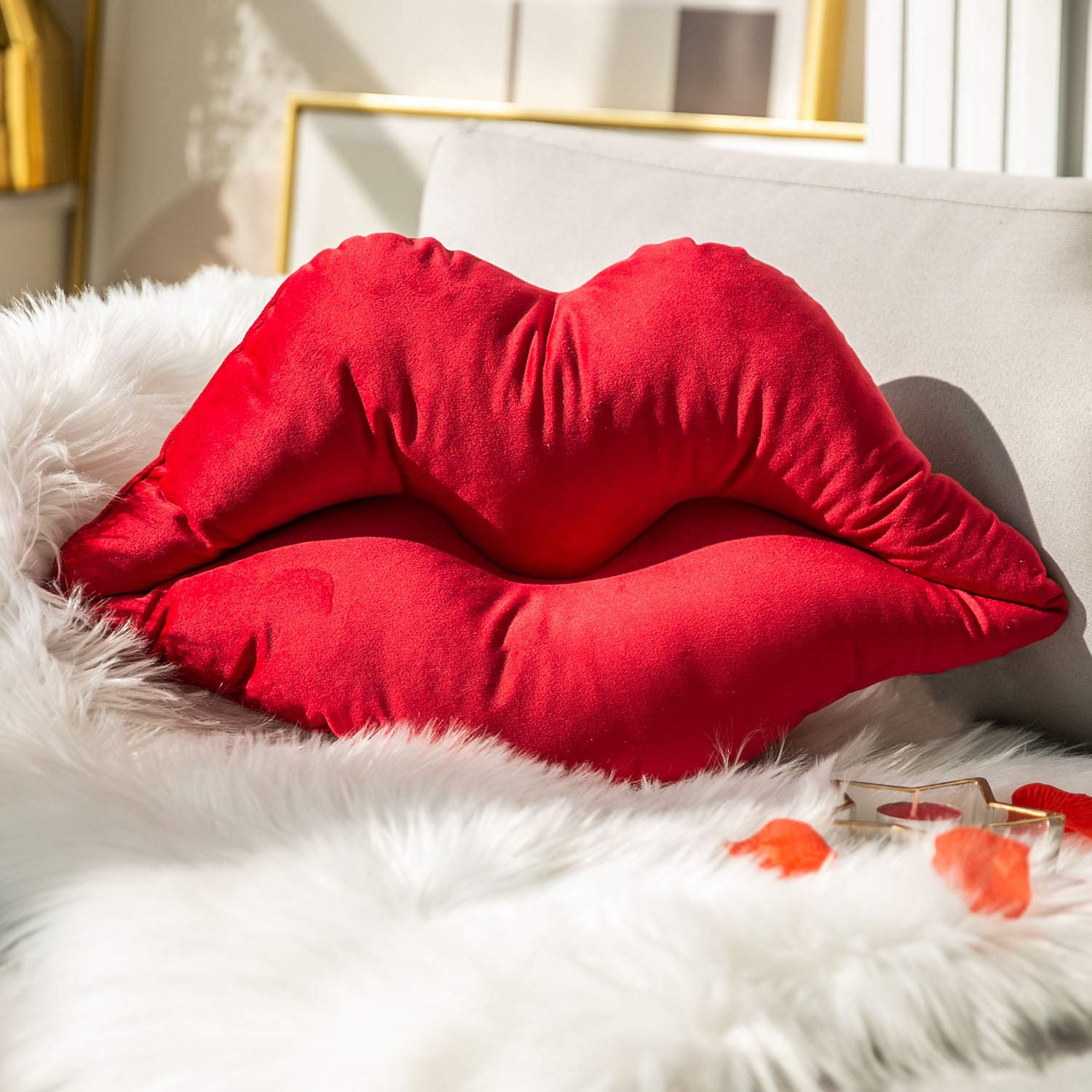 Ashler 3D Lips Throw Pillows Smooth Soft Velvet Insert Included, Lip Shaped Pillow for Bed Living Room, Dark Red, 24 X 12 inches
