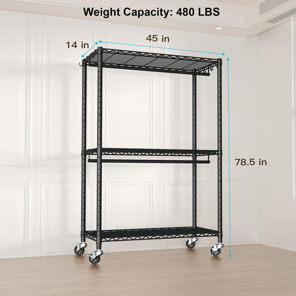 Futassi P3 Plus Rolling Clothes Rack, Clothing Racks For Hanging Clothes, Heavy Duty Garment Rack With Wheels, Freestanding Port