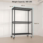 Futassi P3 Plus Rolling Clothes Rack, Clothing Racks For Hanging Clothes, Heavy Duty Garment Rack With Wheels, Freestanding Port