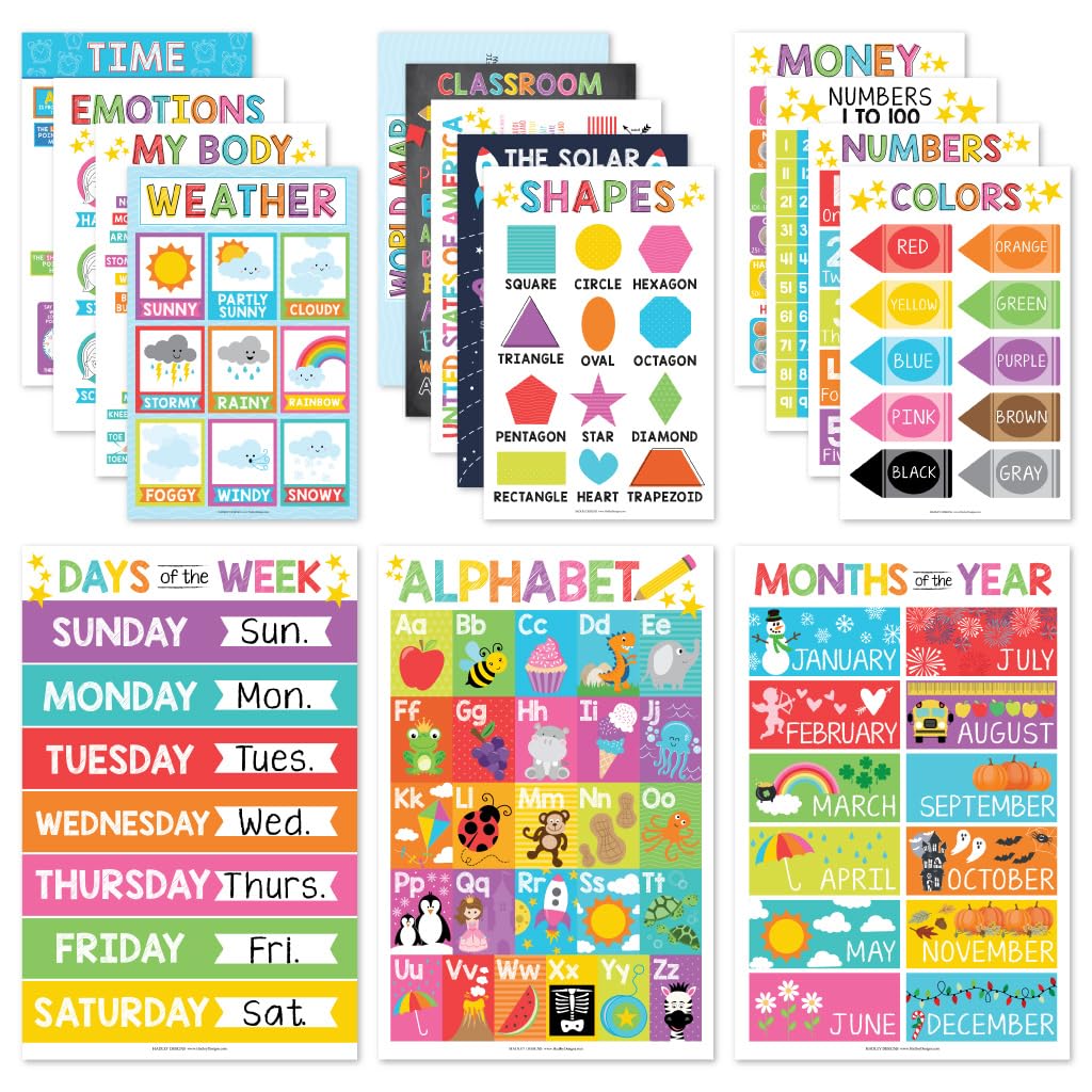 Hadley Designs 16 Educational Posters For Classroom & Kindergarten, Kindergarten Classroom Must Haves, Laminated Prek Learning C