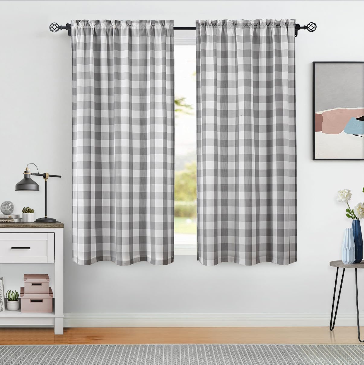 Bapawfish Gray And White Gingham Buffalo Plaid Checkered Window Curtain Panels 63 Inches Length, Farmhouse Rustic Rod Pocket Win