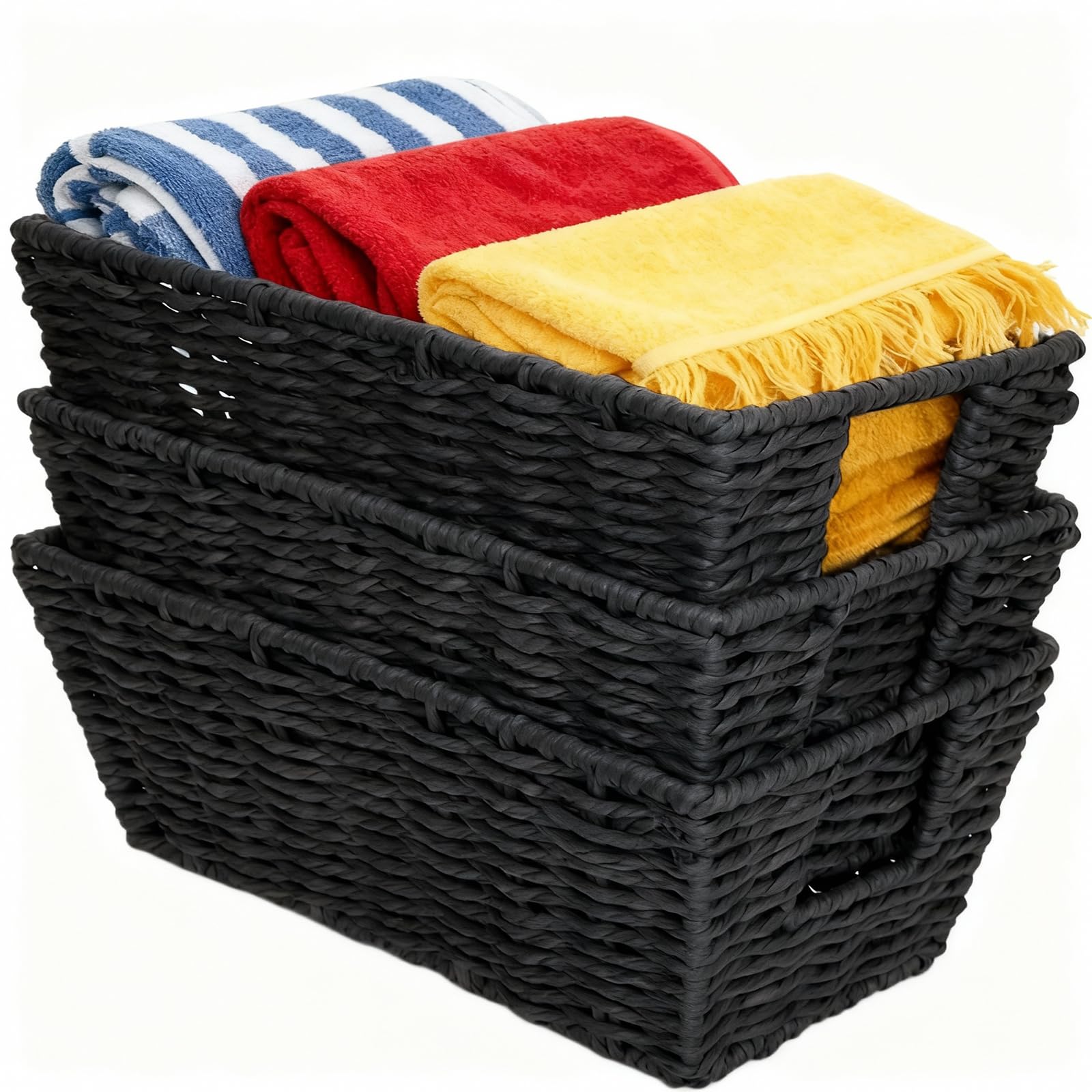 Paper Rope Storage Baskets for Shelves Organizing, Small Hand Woven Wicker Organizer Basket with Handle for Bathroom Toilet Pape