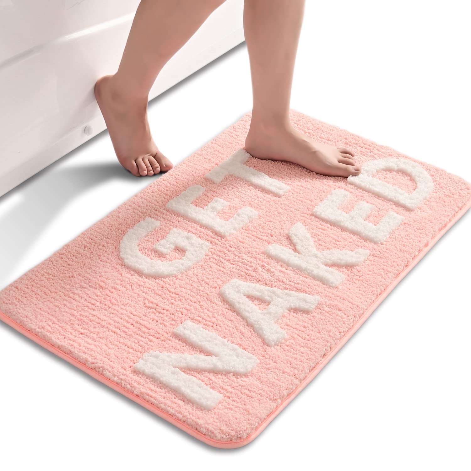 QJHOMO Get Naked Bath Mat Cute Pink and White Bathroom Rugs Funny Non Slip Bathtub Decor Mats Super Absorbent Floor Carpet Machi