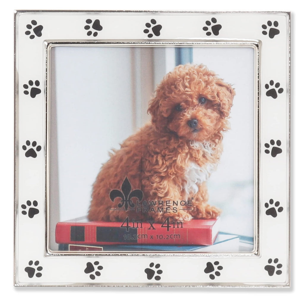 4x4 Silver Metal and White Enamel Picture Frame, Paw Print Design