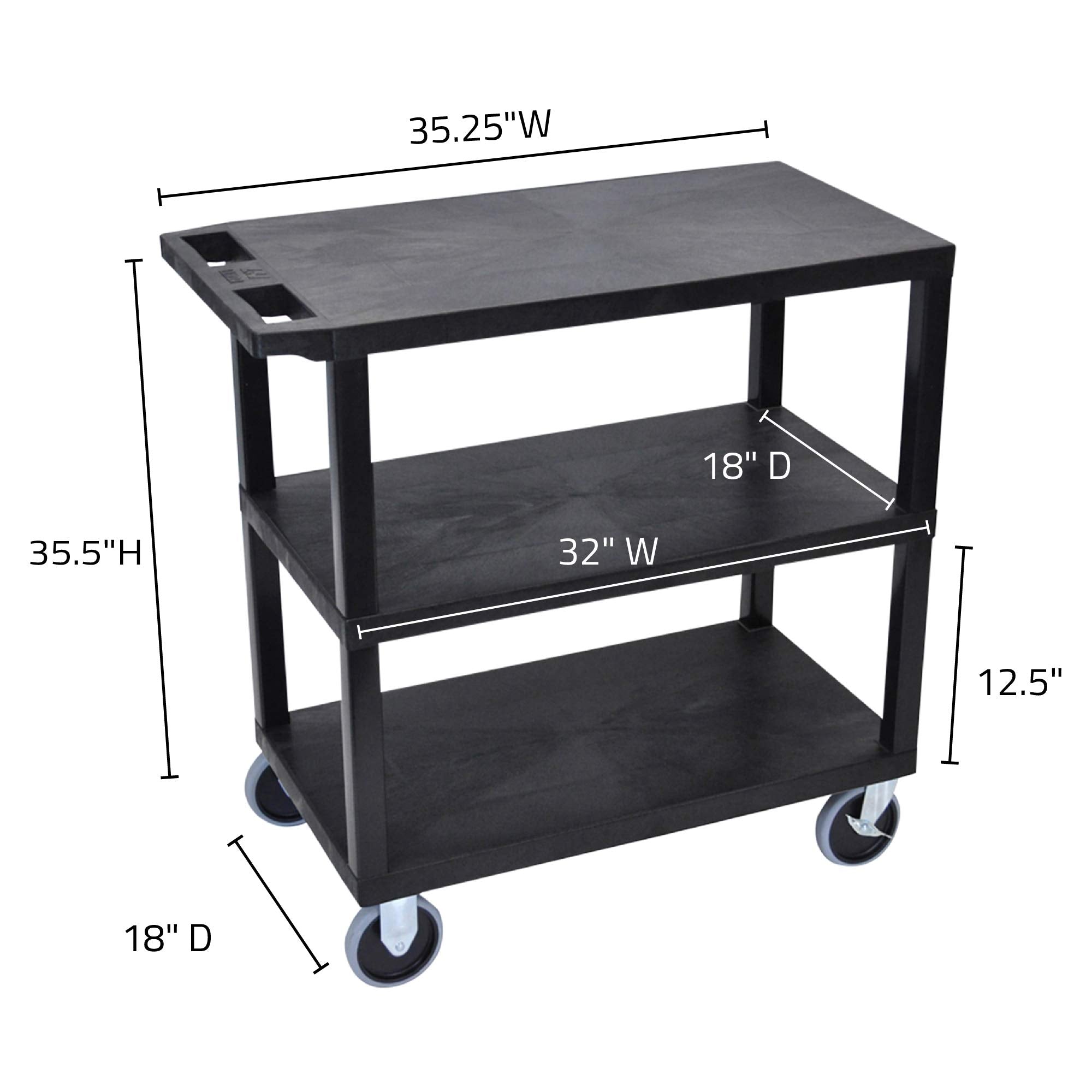 LUXOR EC222HD-B 32" x 18" Cart - Three Flat Shelves, Multipurpose Utility Cart, Four 5" Casters, Two Fixed Non-Locking Casters, Two Full-Swivel Casters with Locking Brake