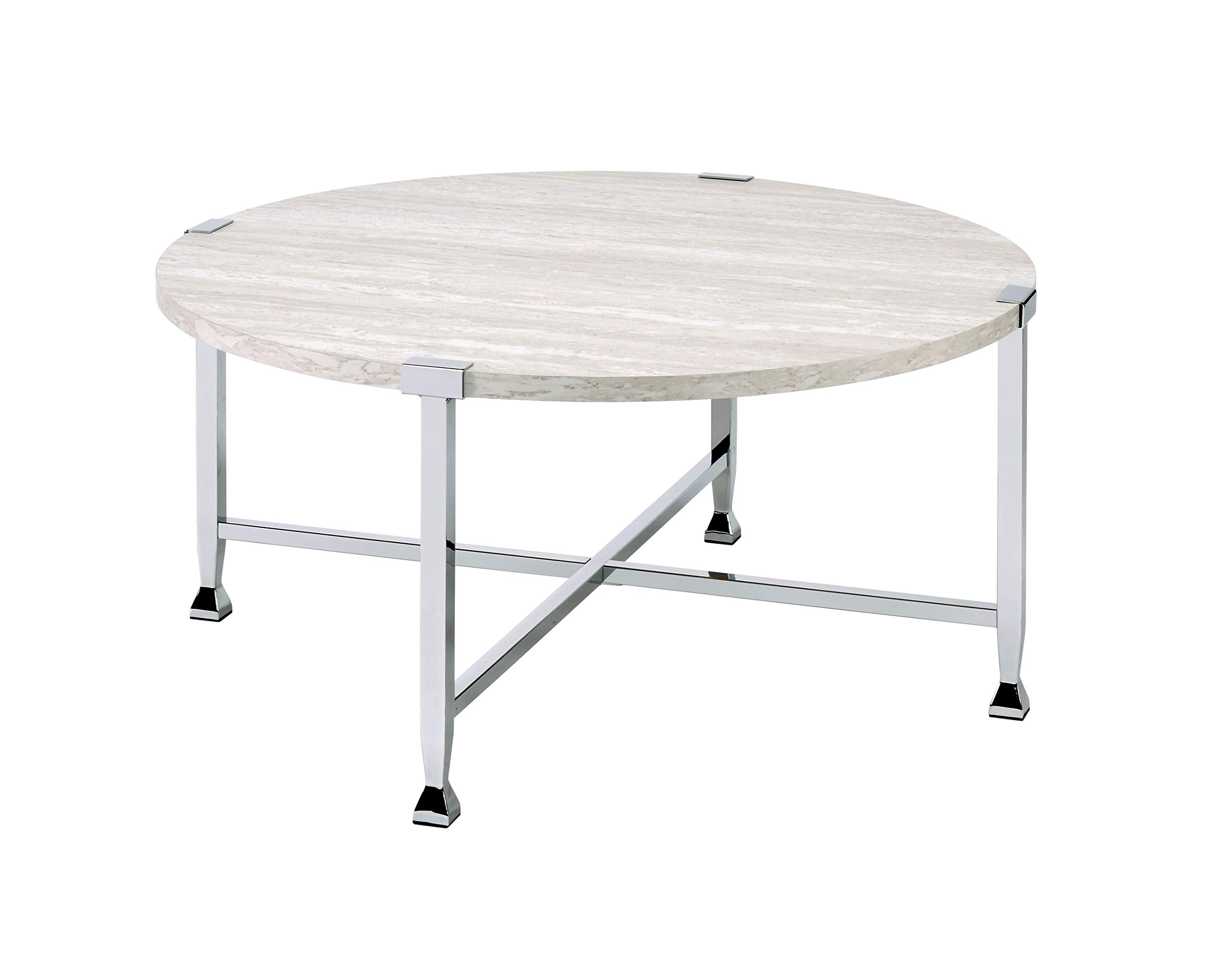 Benjara Coffee Table With X Shaped Metal Base And Round Wooden Top, Silver And Beige