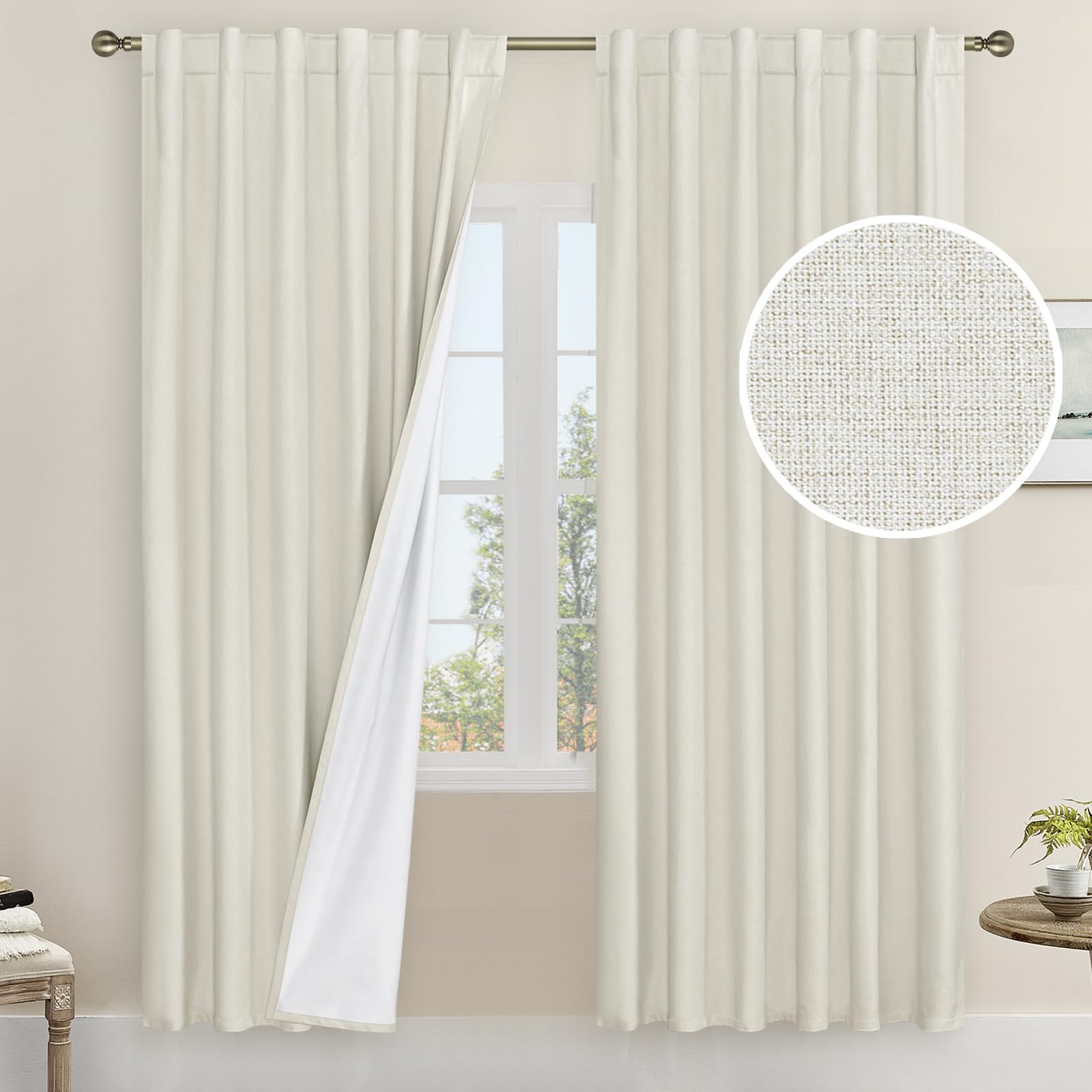 Lamit Ivory 100% Blackout Linen Curtains, 72 Inch Linen Textured Living Room Farmhouse Curtains Room Darkening Back Tab And Rod