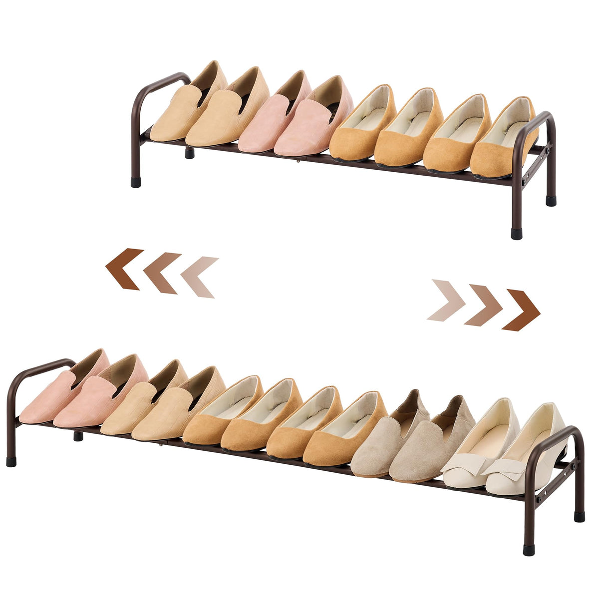 Gewudraw 1-Tier Shoe Rack Expandable, Width Adjustable Shoe Shelf Storage Organizer, 41.53'' Metal Standing Shoe Rack For Bedroom Entryway Closet, Holds Up To 6 Pairs Shoes, Brown