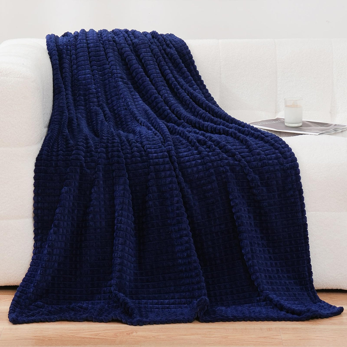Puncuntex Flannel Fleece Throw Blanket Navy Blue 50''  60'',Super Soft Plush Cozy Blanket With 3D Jacquard Square Grid Design Lu