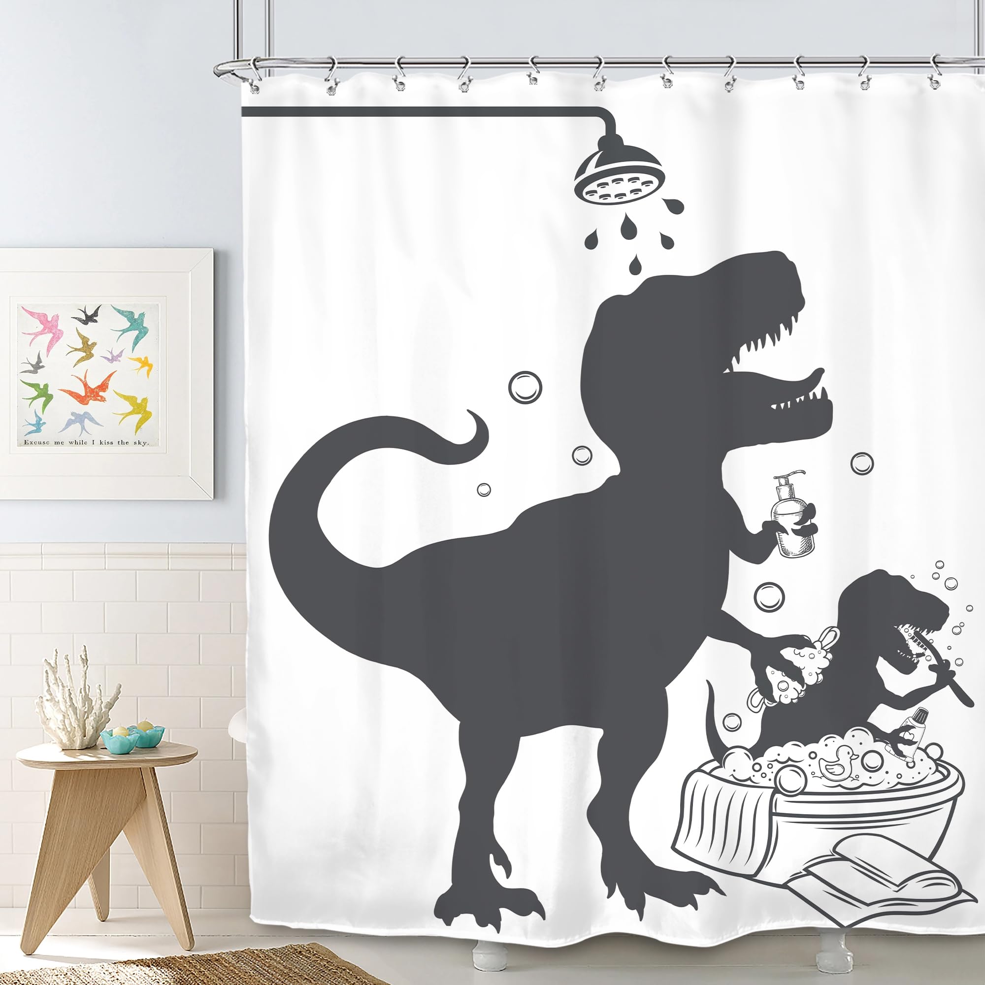 SVBright Kids Funny Dinosaur Shower Curtain 60Wx72L Inch Cartoon Animal Dino Taking Shower Silhouette Shadow Cute Boys Cool 12 P