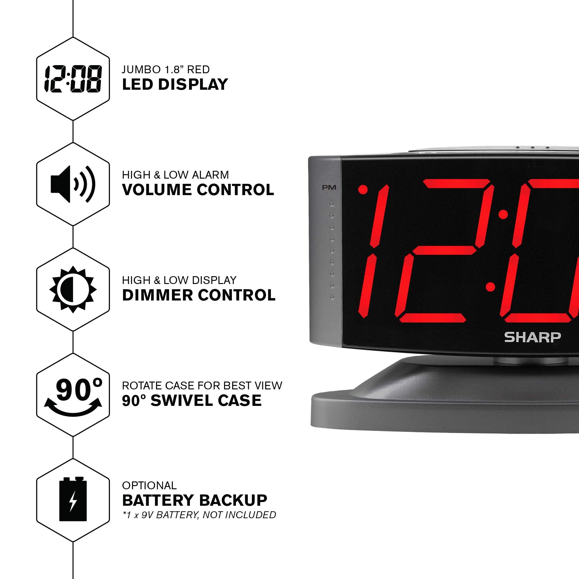 SHARP LED Digital Alarm Clock - Swivel Base, Outlet Powered, Big Red Display, Gun Metal Grey Case, Simple Operation, Snooze, Brightness Dimmer