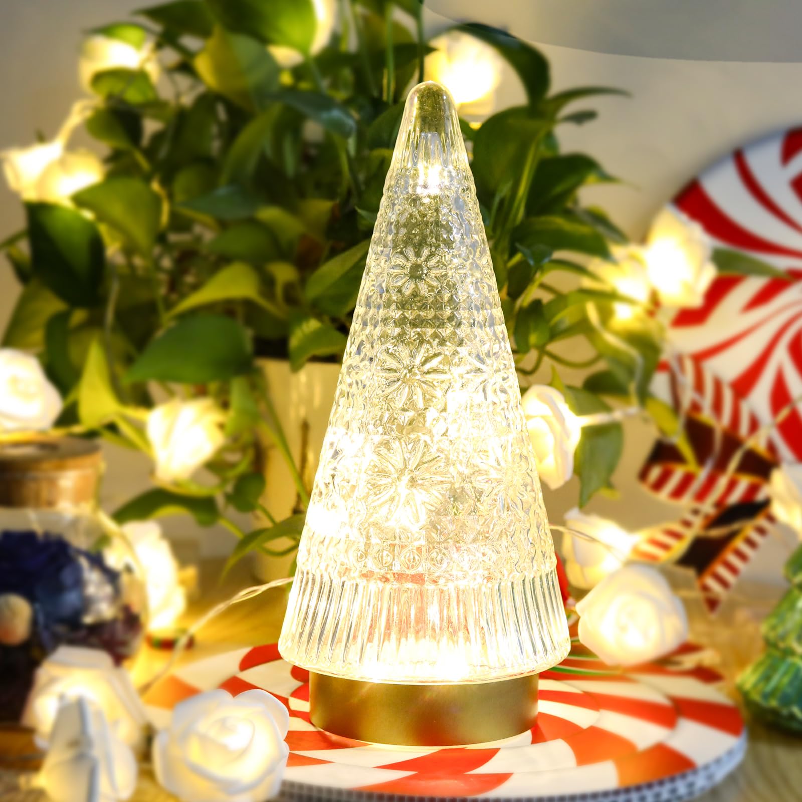 Glass Christmas Tree Small Sparkling Xmas Trees with LED Lights Decorations Table Top Centerpiece Mantel Window Home Decor