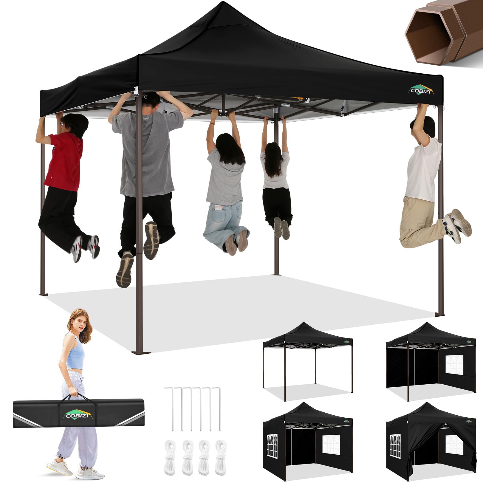 COBIZI 10x10 Pop Up Heavy Duty Canopy with 4 Sidewalls and Hexagonal Legs, Easy up Tent for Events, Parties, Camping, Outdoor Ca