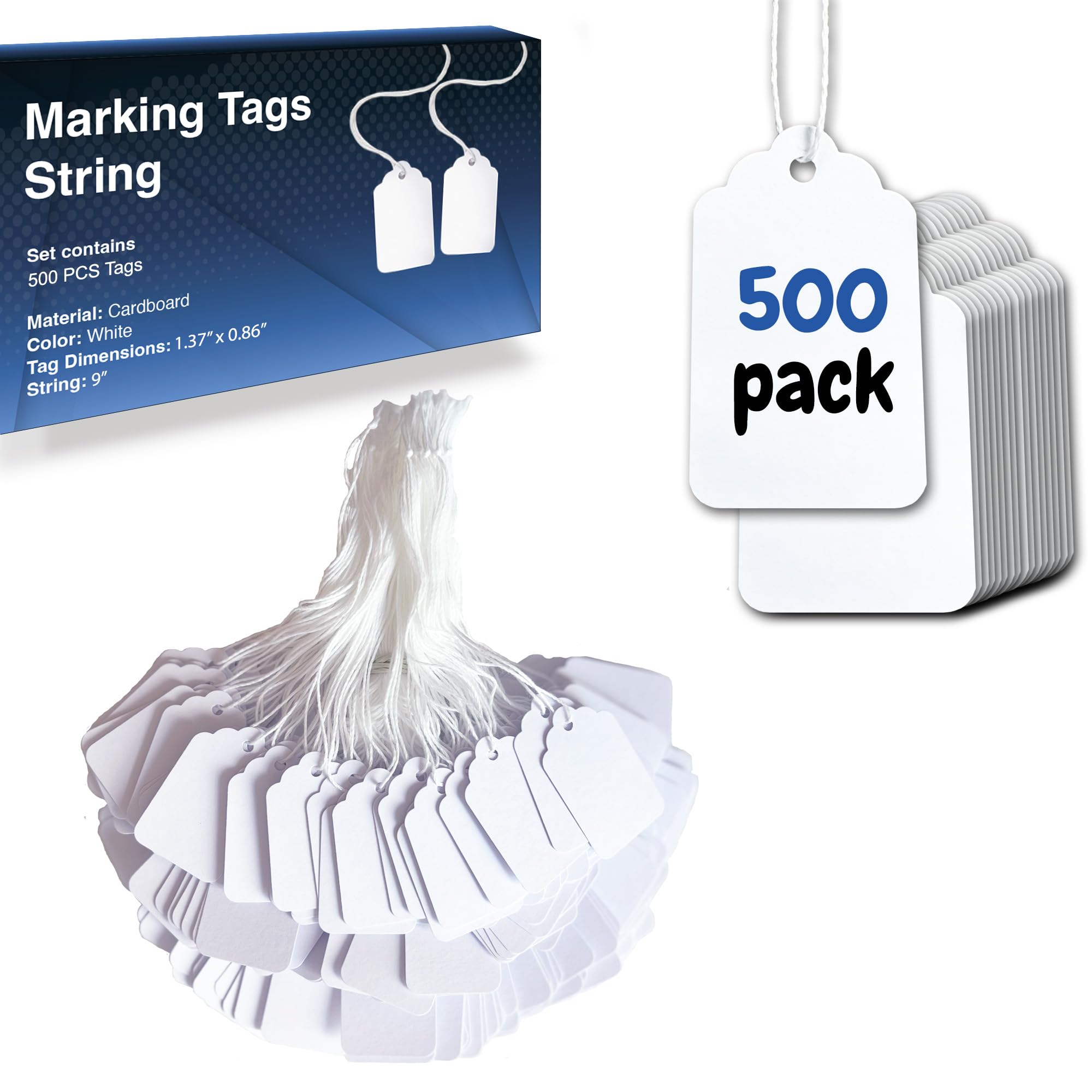 Easytwelve - 500 White Price Tags With String, Display & Hang Tags For Product, Jewelry & Clothing, 1.37 X 0.86Inch