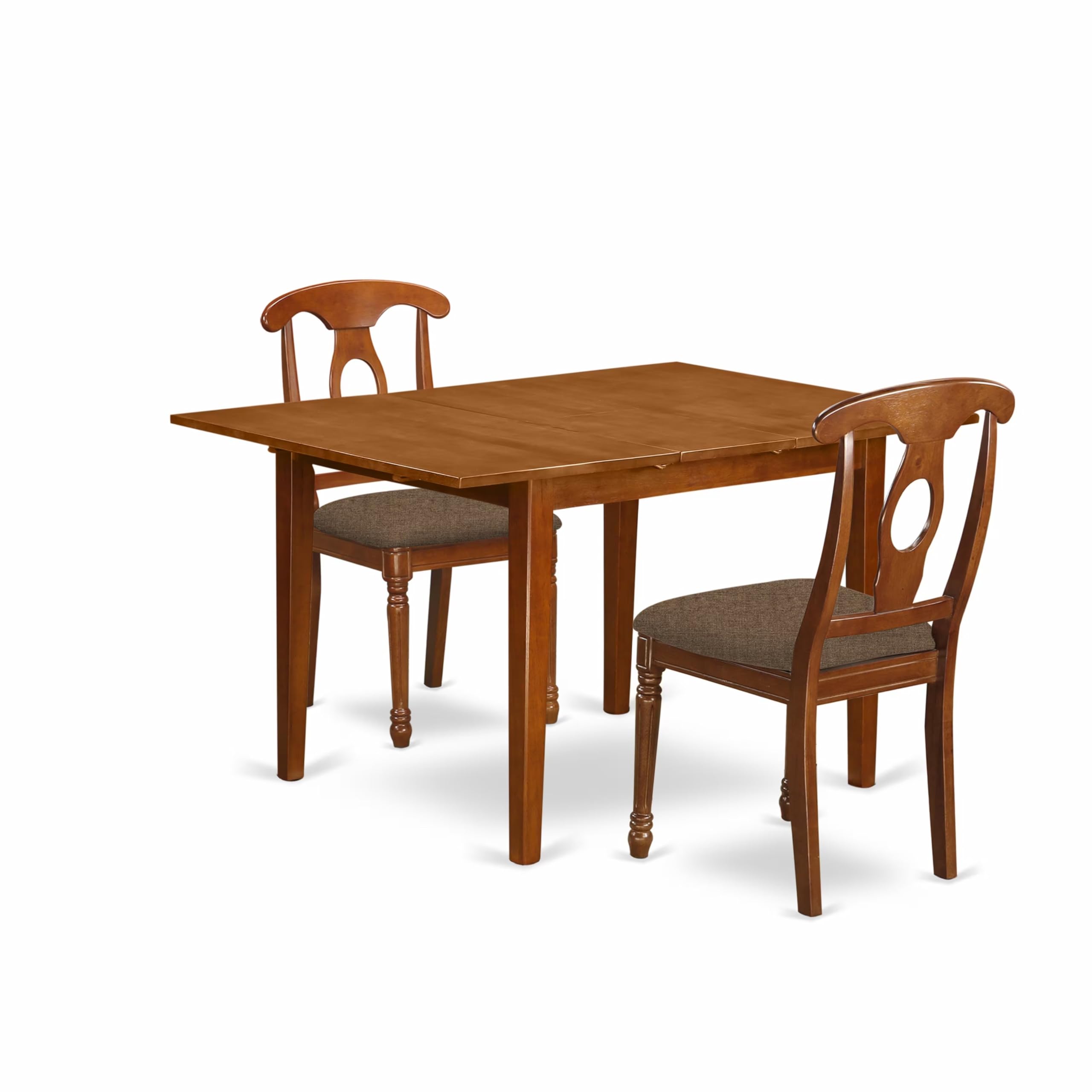 East West Furniture MLNA3-SBR-C 3 Piece Kitchen Table Set Contains a Rectangle Dining Room Table with Butterfly Leaf and 2 Linen Fabric Upholstered Dining Chairs, 36x54 Inch, Saddle Brown