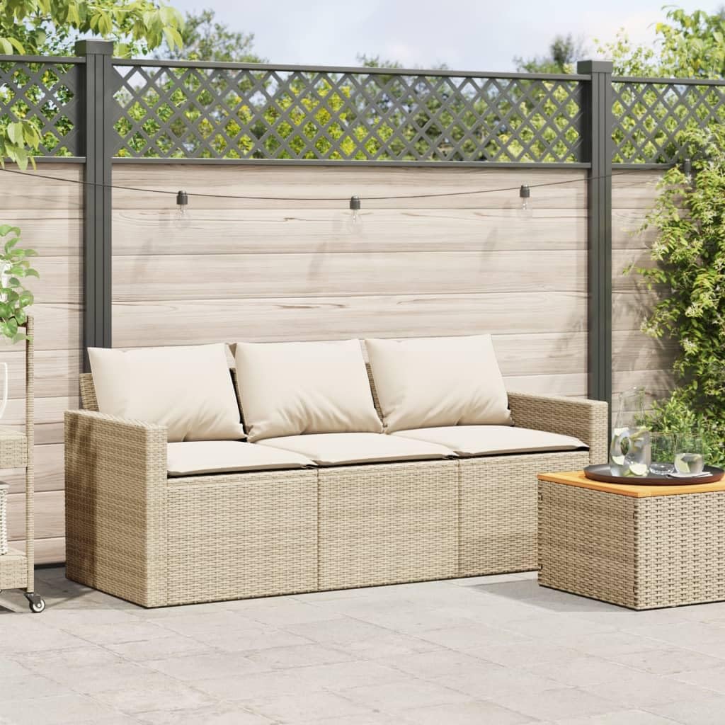 vidaXL 3 Seater Garden Sofa with Cushions PE Rattan Beige Outdoor Sofa 3 Seater Garden Sofa Four Person Garden Sofa